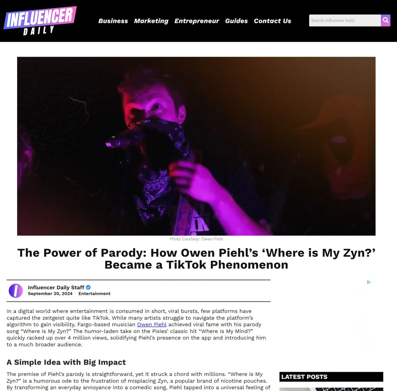 Owen Piehl feature published on Influencer Daily