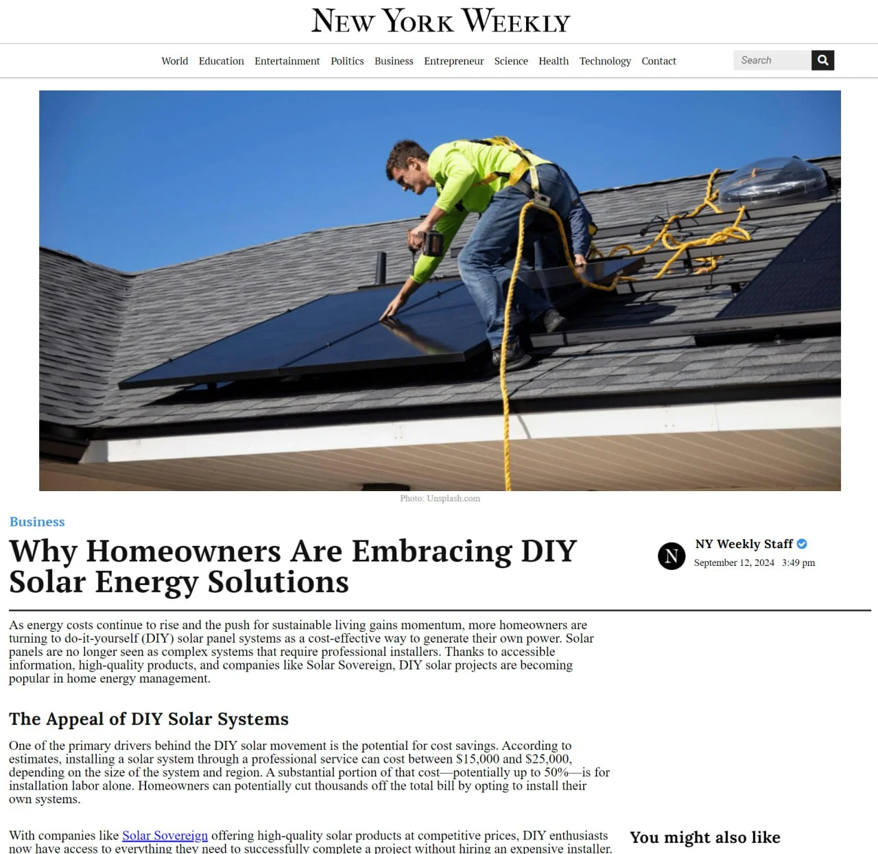 DIY Solar feature published on New York Weekly