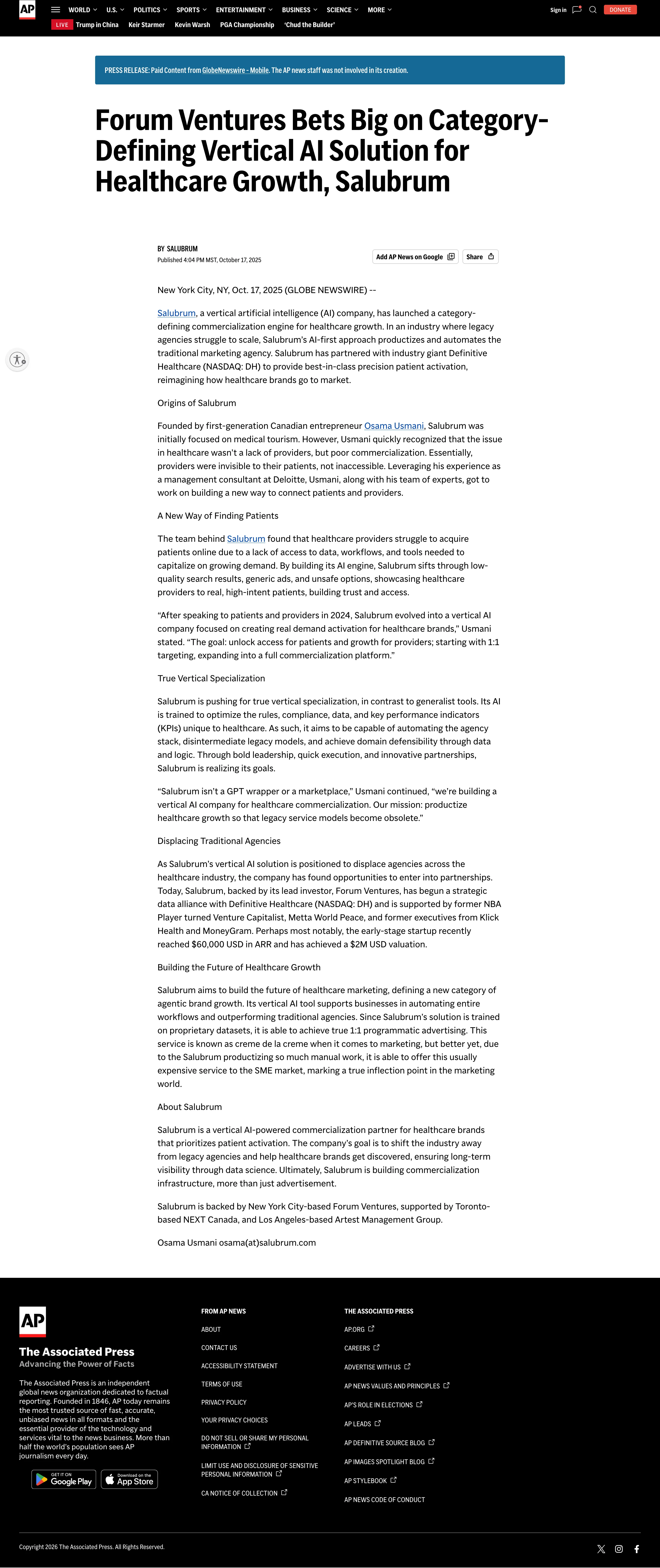 Client press release on the Associated Press wire