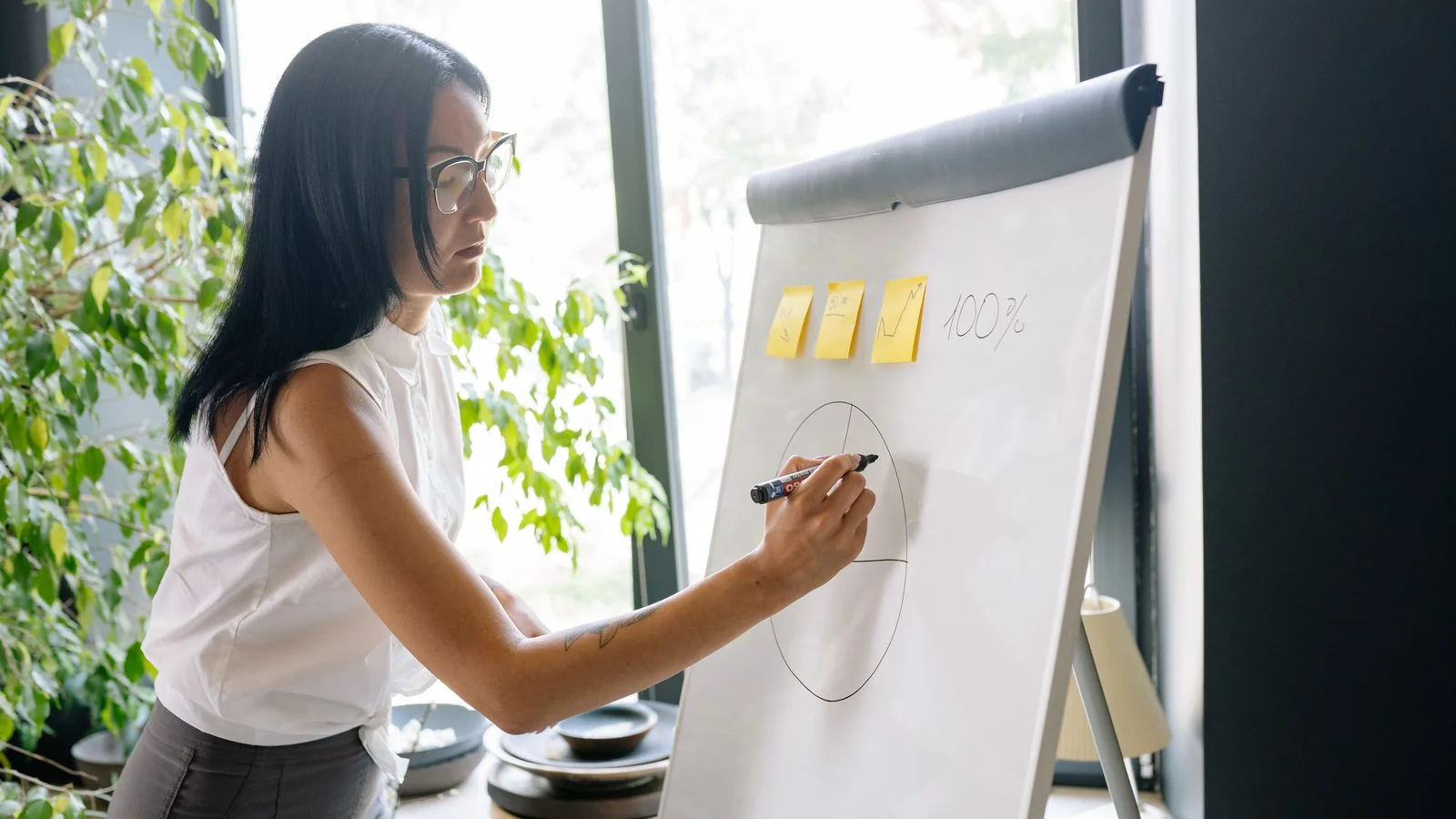 A woman writing on a whiteboard in an office with natural light, the synthesis step that turns discussion into something publishable
