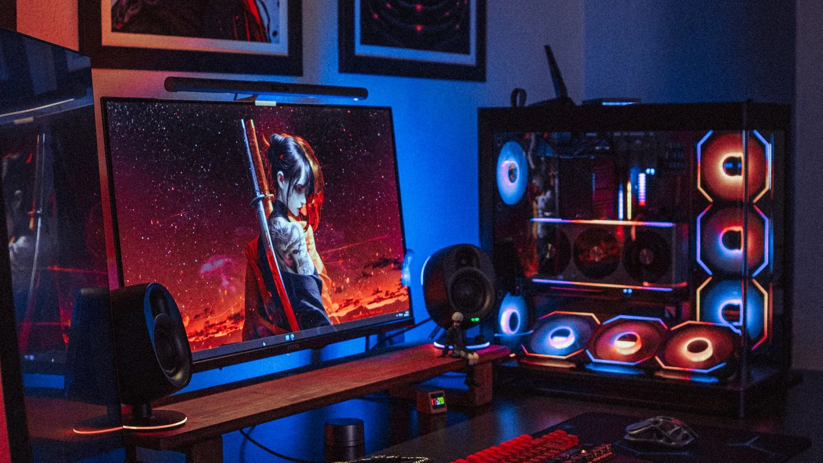 A neon gaming setup with dual monitors, the home base of the players who shape AI recommendations