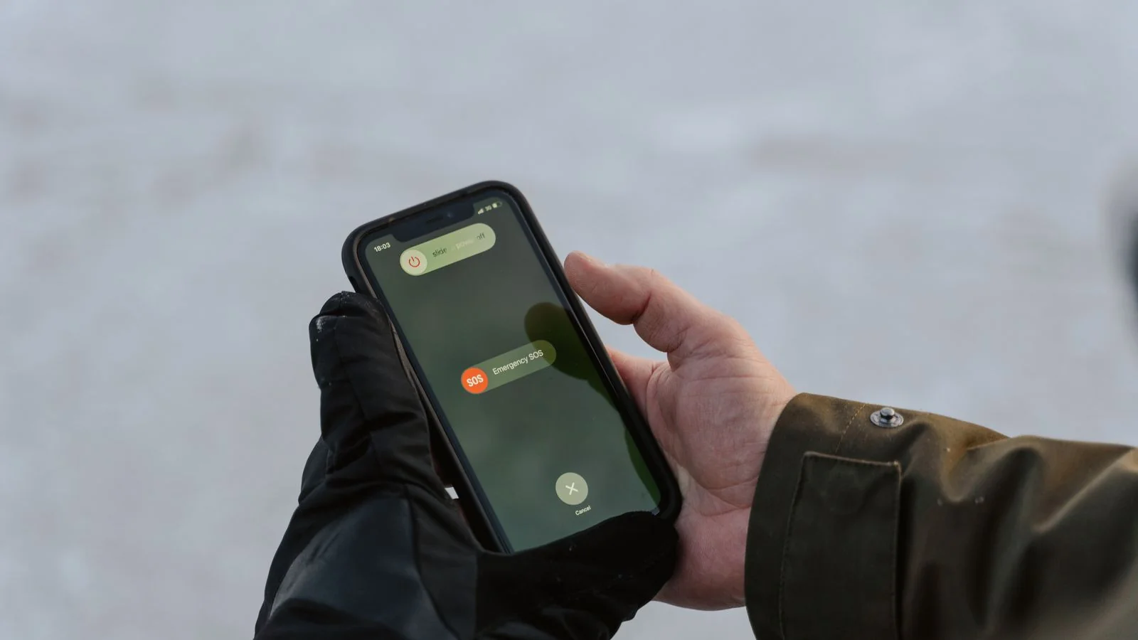 Gloved hands holding a phone with an emergency screen open, the call every owner imagines before they hand over a leash