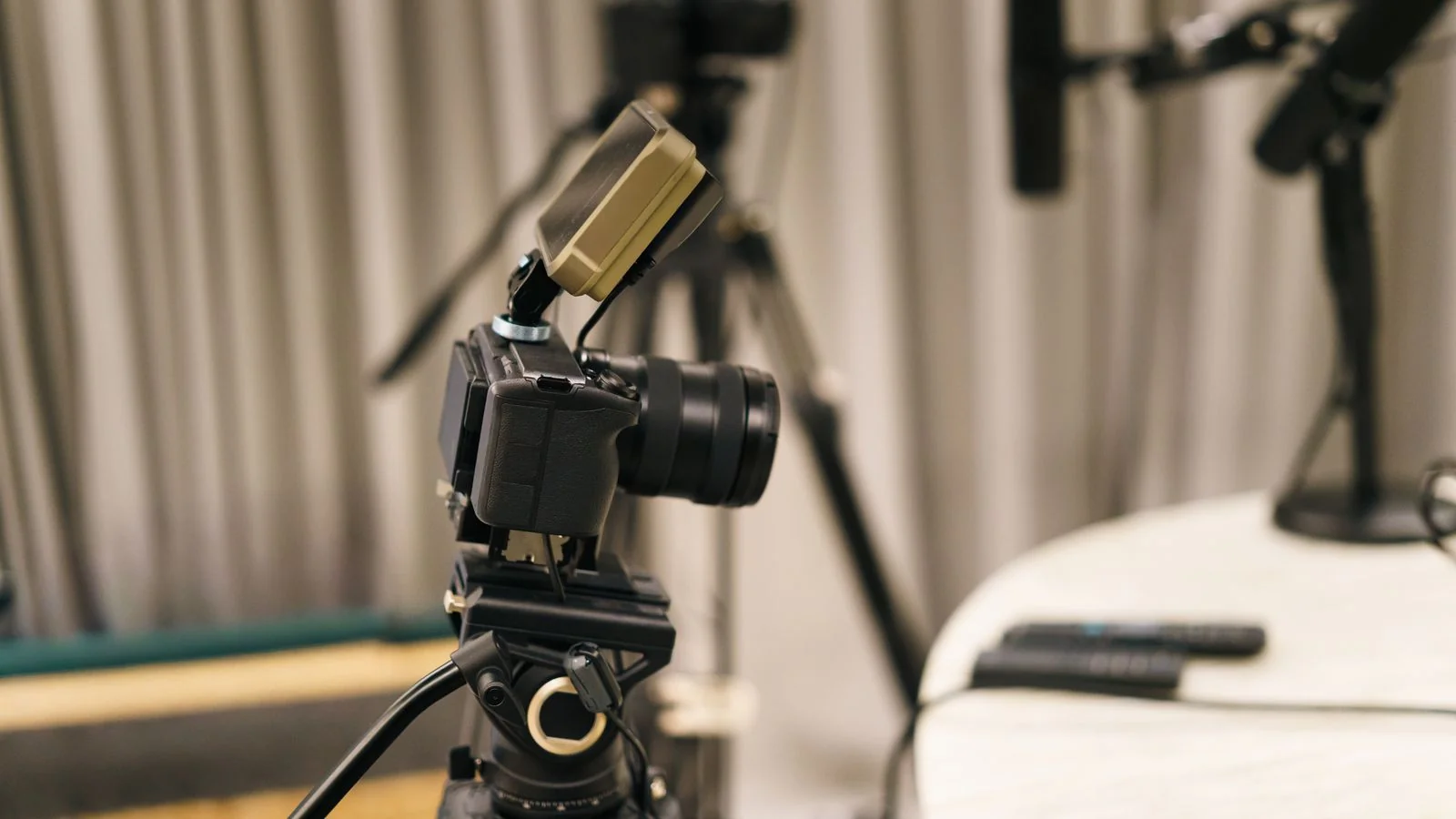 Podcast and camera studio setup with microphone, the spoken words AI search turns into citable text