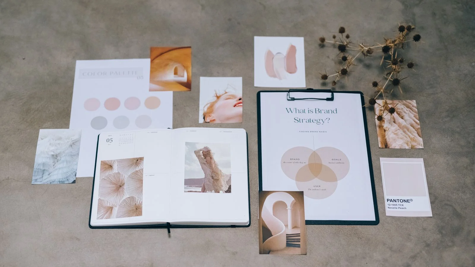 A flat lay of branding color palettes and swatches, the surface choices an archetype should dictate from underneath