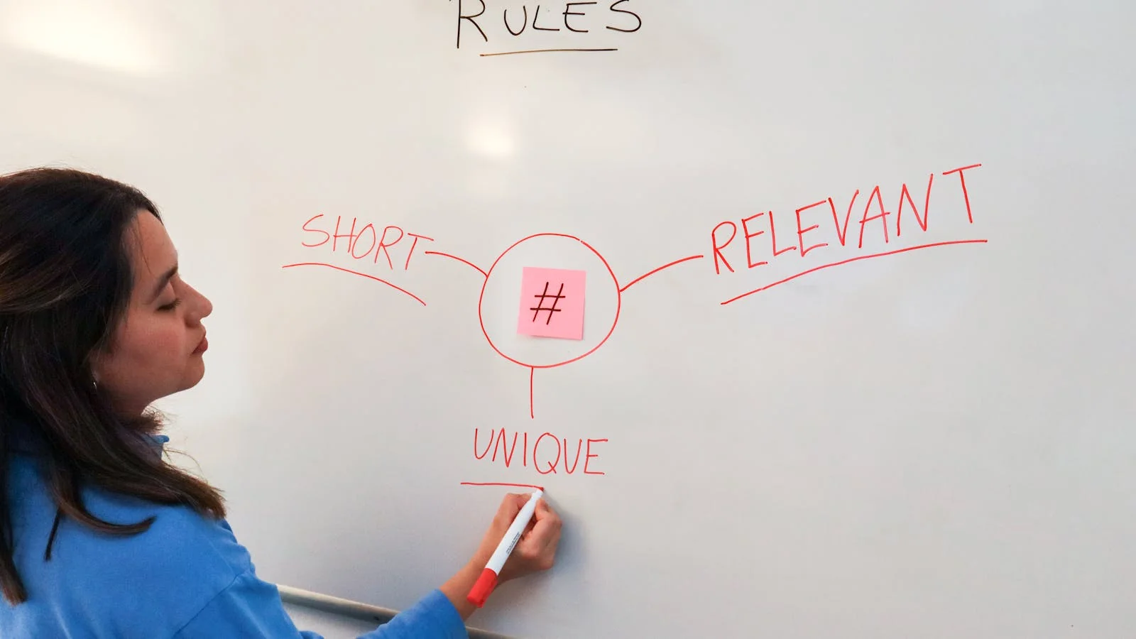 A marketer writing branding rules and hashtags on a whiteboard during a positioning session