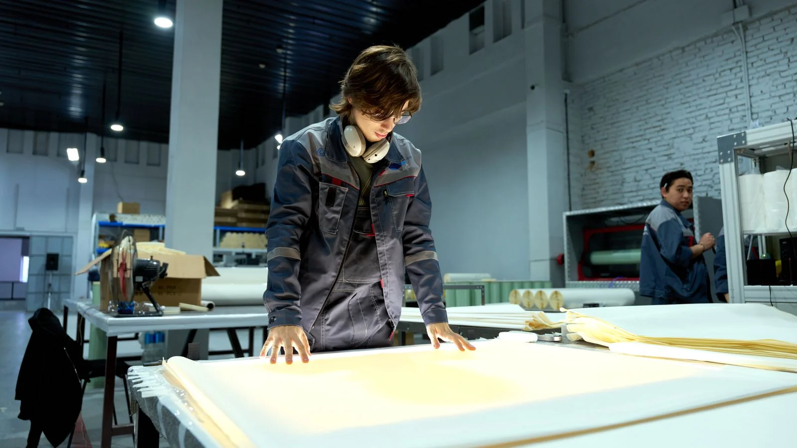 A worker inspects sheets in a bright factory, the quality work behind a certification claim
