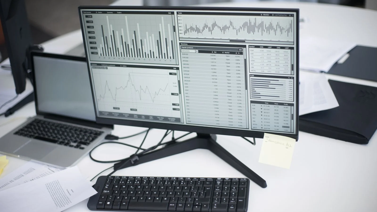 A workspace with computers showing analytical graphs, the verifiable substance a careful engine needs to cite