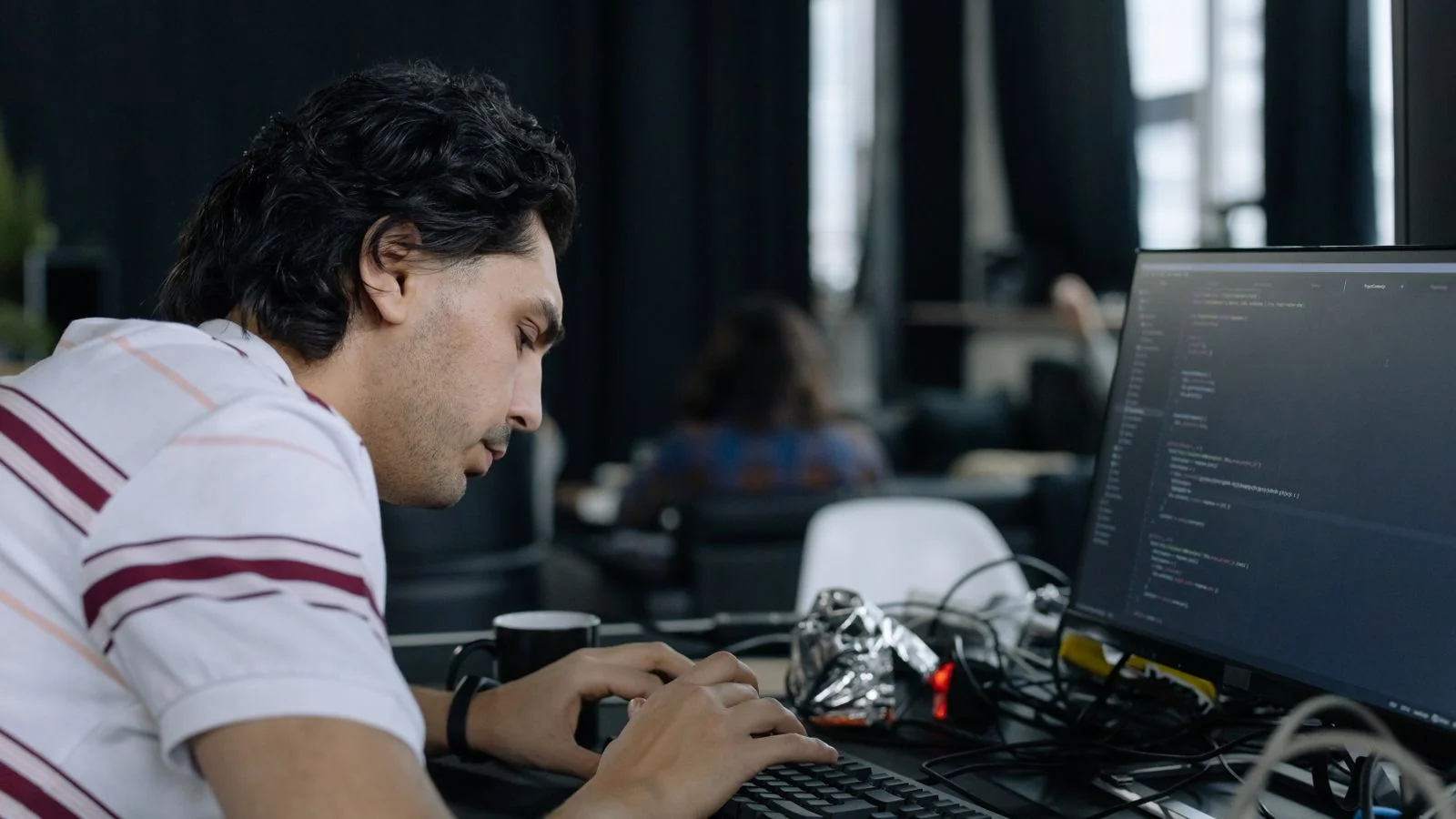 Developer writing code on a monitor, the category where the share gap is widest