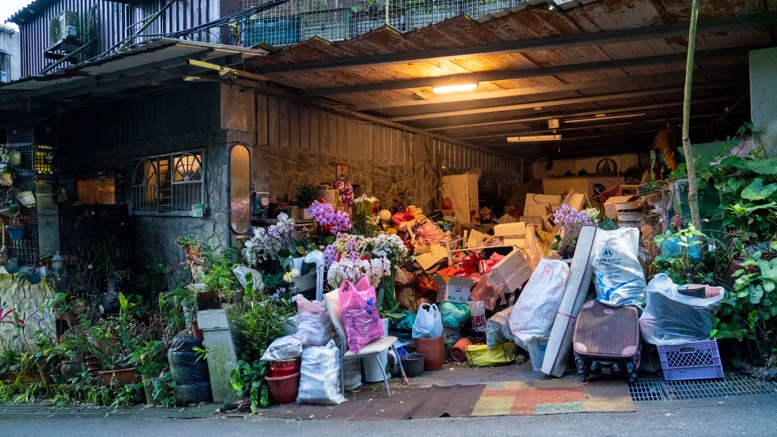 A residential garage overflowing with boxes, plants, and clutter spilling toward the driveway.