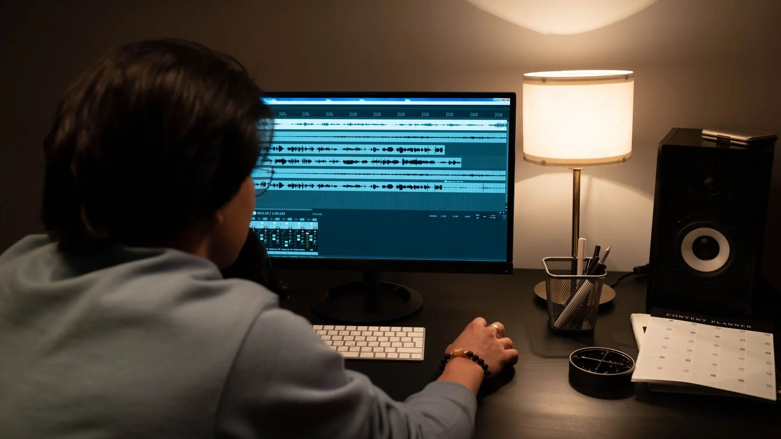 A person editing an audio waveform on a monitor in a dim room, the twenty minutes where most shows stop working