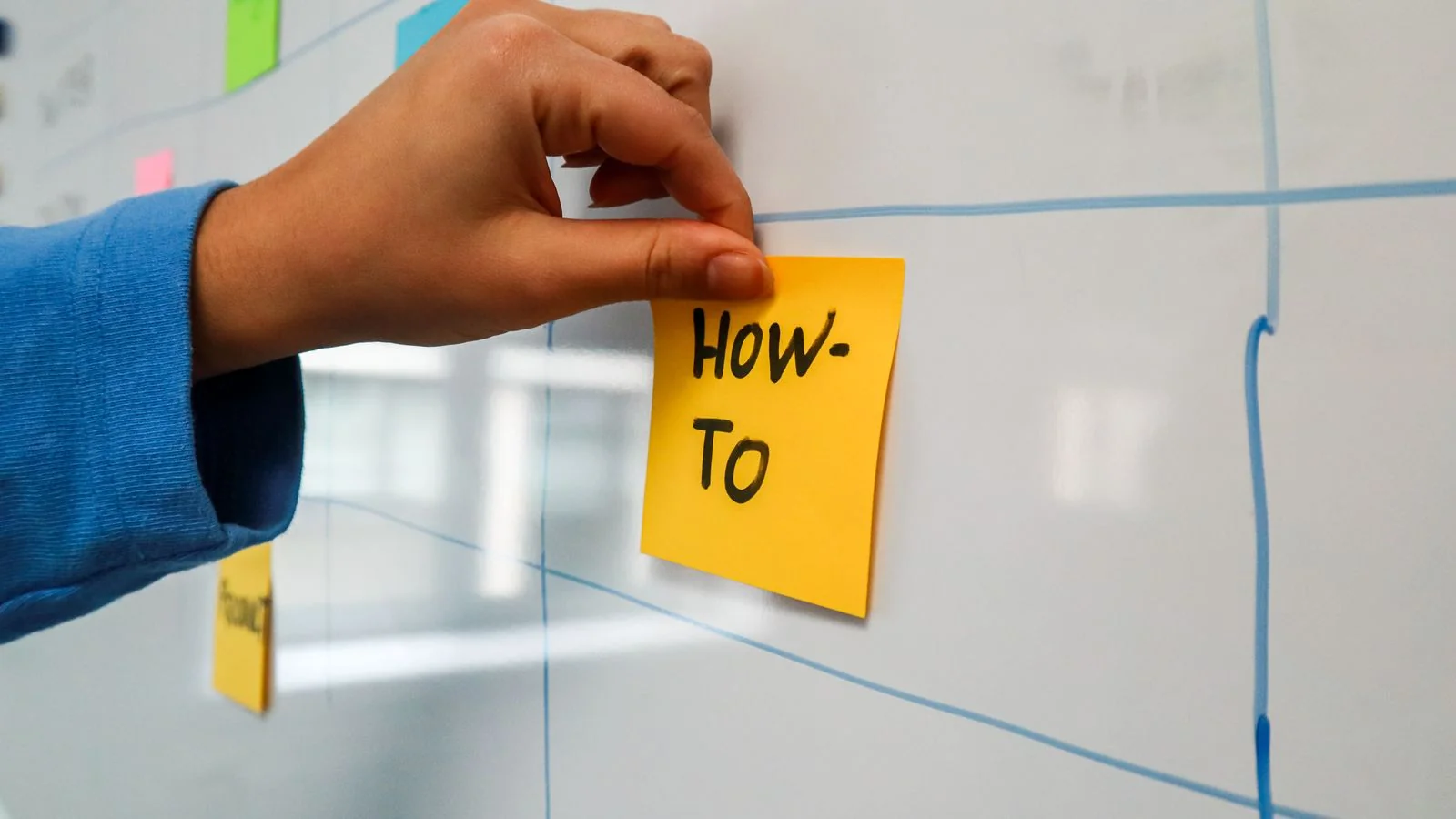 Hand pressing a yellow sticky note onto a whiteboard during a planning session