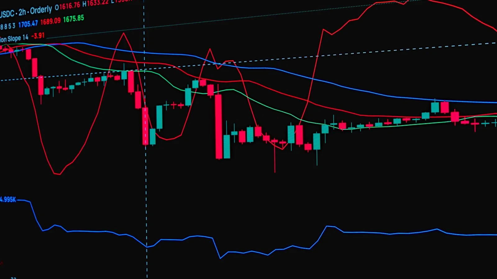 Close-up of a stock market candlestick chart on a screen, the funding data investors scan