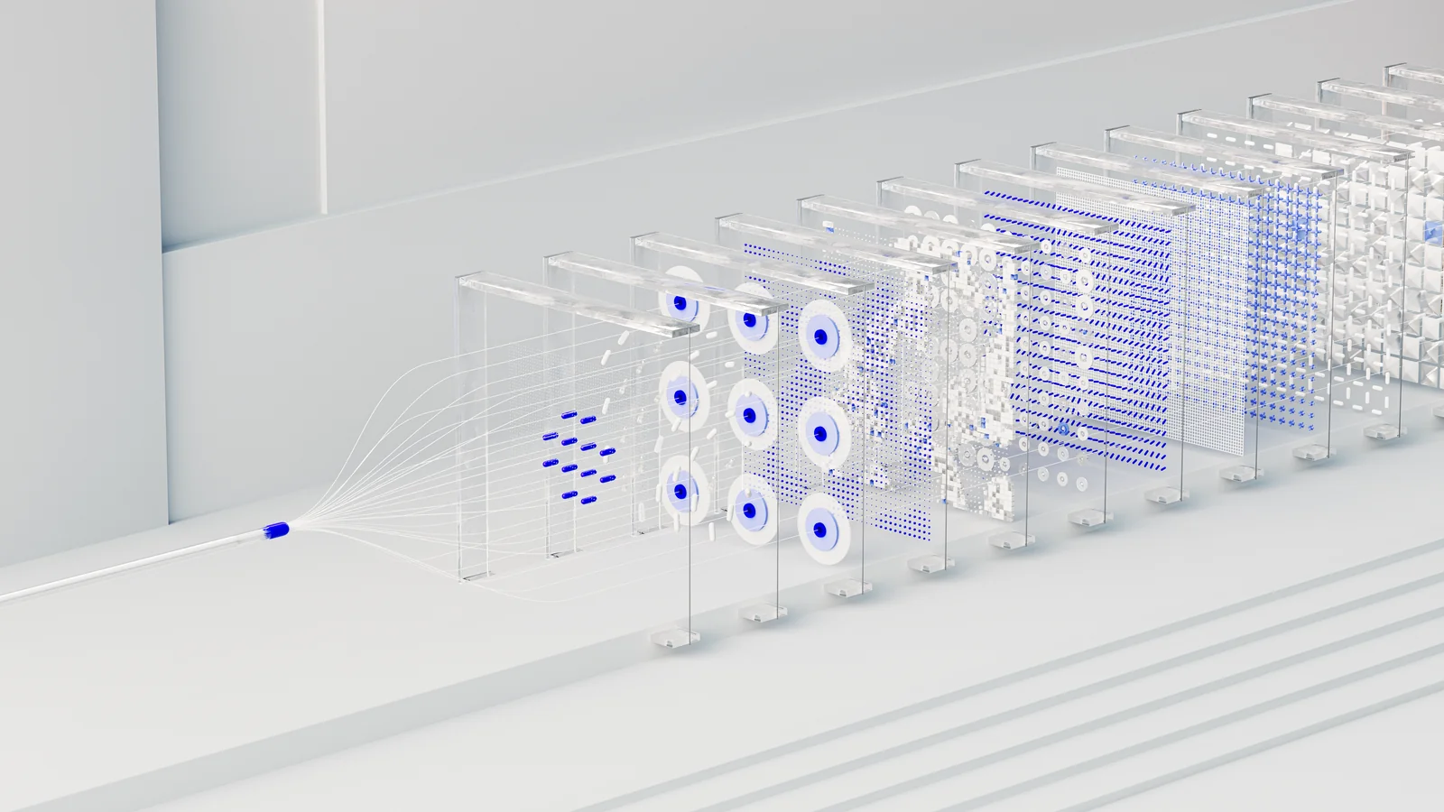 A 3D visualization of interconnected neural network pathways, mapping relationships between data points