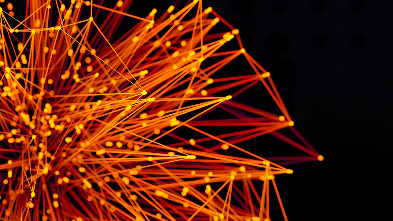 An abstract network of connected orange nodes and lines on a dark background