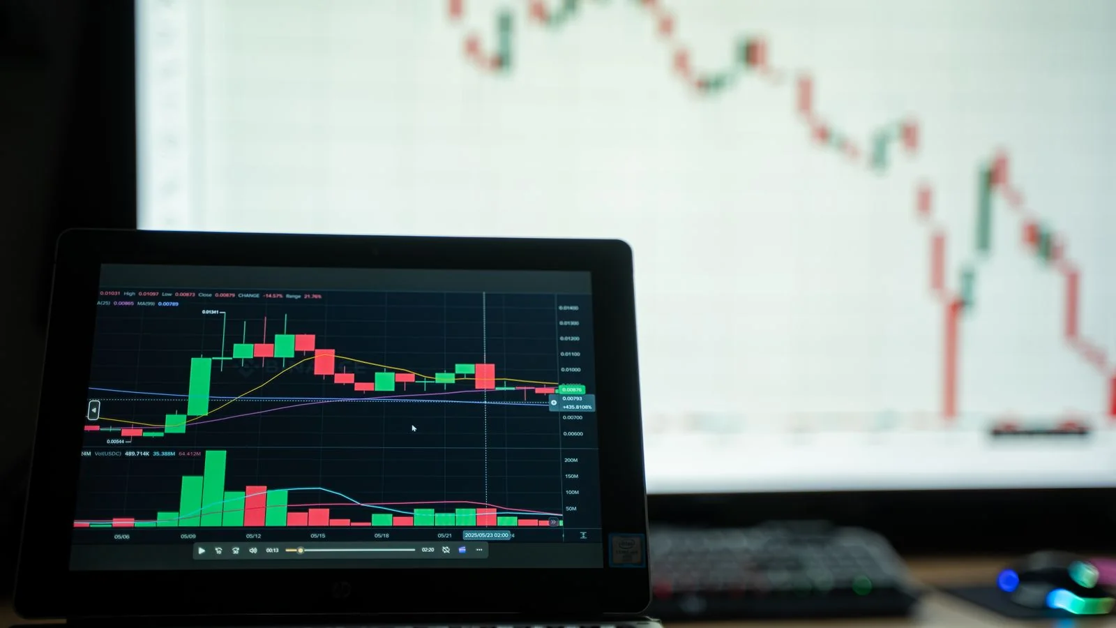 Trading screens and market charts on a laptop, the audience most wire releases are actually written for