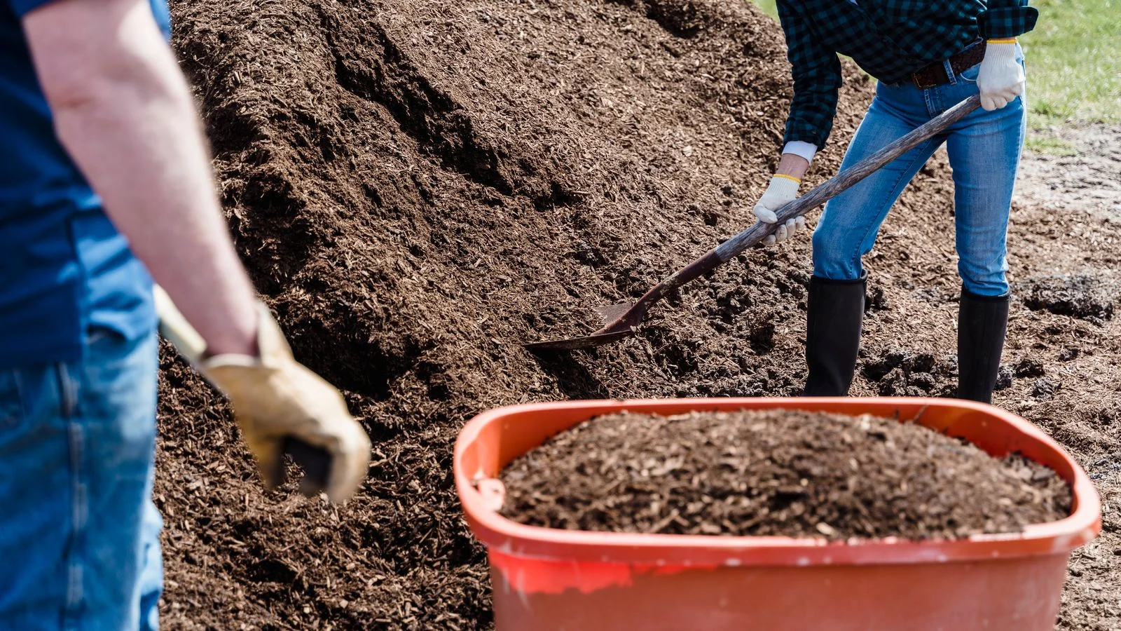 Two people shoveling soil into a wheelbarrow on a sunny day, the work behind a ceremonial first dig