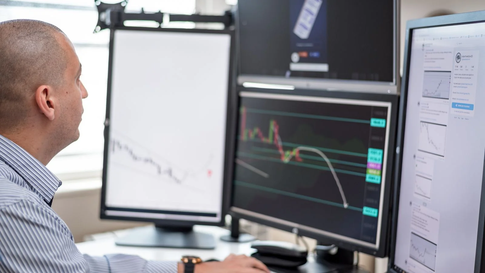 A trader analyzing financial graphs across several monitors, the kind of selection judgment Gemini applies to passages