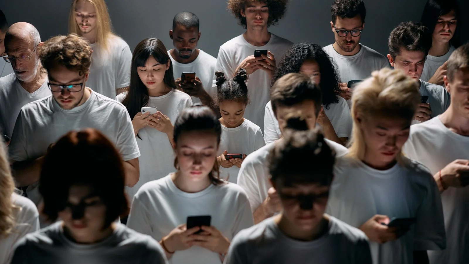 A diverse crowd of people using smartphones, the live X conversation that forms Grok's fastest source pool