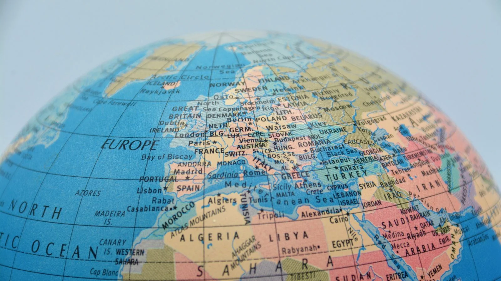 A close-up of a globe showing Europe and North Africa, representing the Bing web index Copilot retrieves its sources from