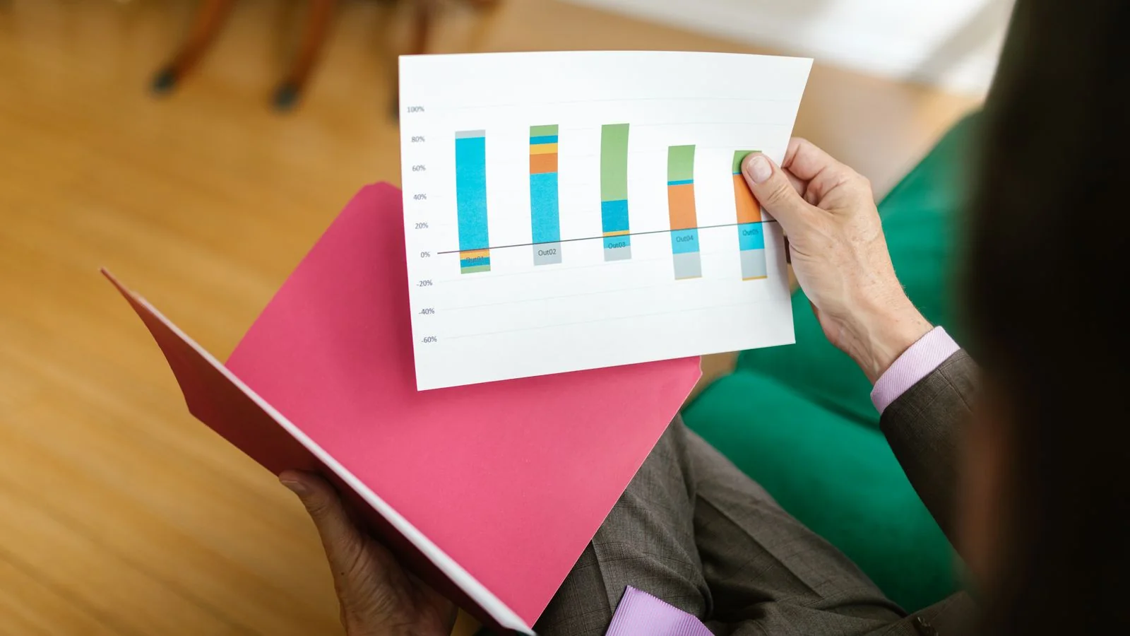 A person analyzing a printed business report, the synthesis judgment Copilot applies when choosing which passage to cite