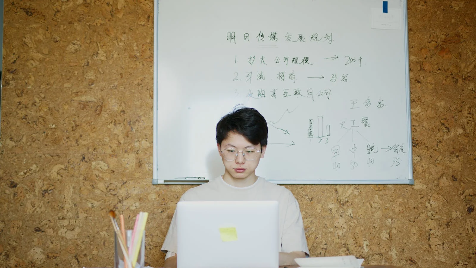 Operator at a desk writing on a laptop with a whiteboard of strategy notes behind them
