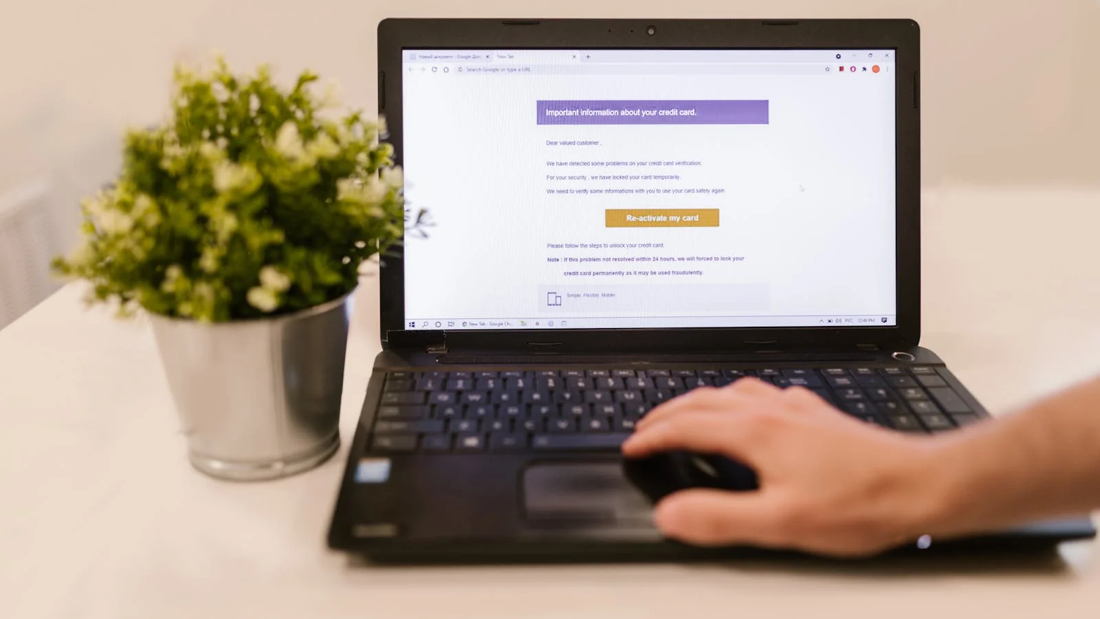 A person uses a laptop to read an email beside a potted plant in a bright room.
