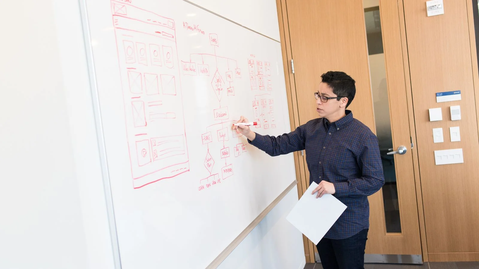Two professionals reviewing a strategy outline together at a desk, refining the structure of an idea