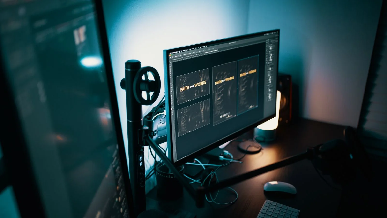 Design templates on dual monitors, where consistent voice and visuals get applied in practice