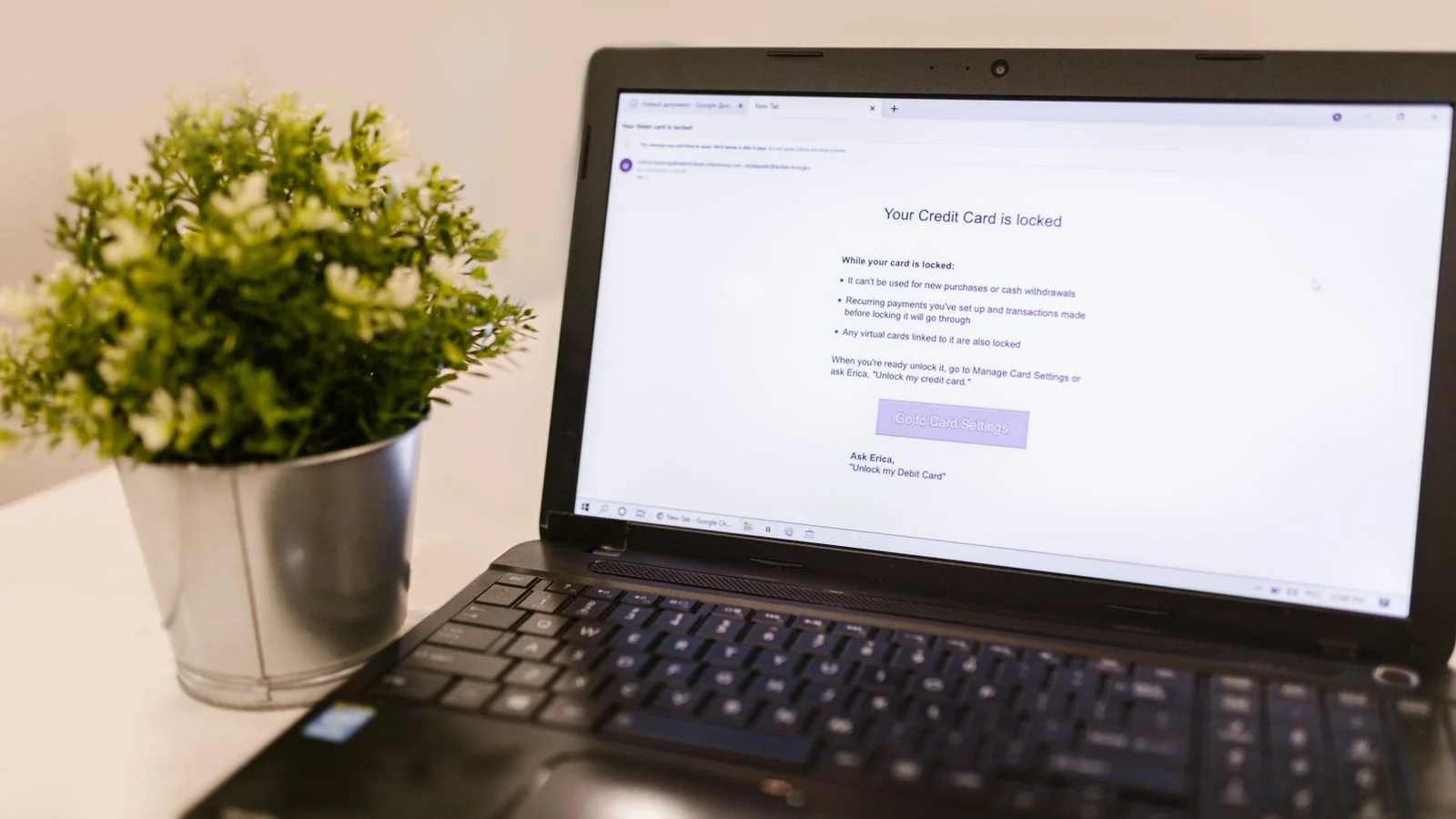 A close-up of a laptop screen showing a notification beside a plant