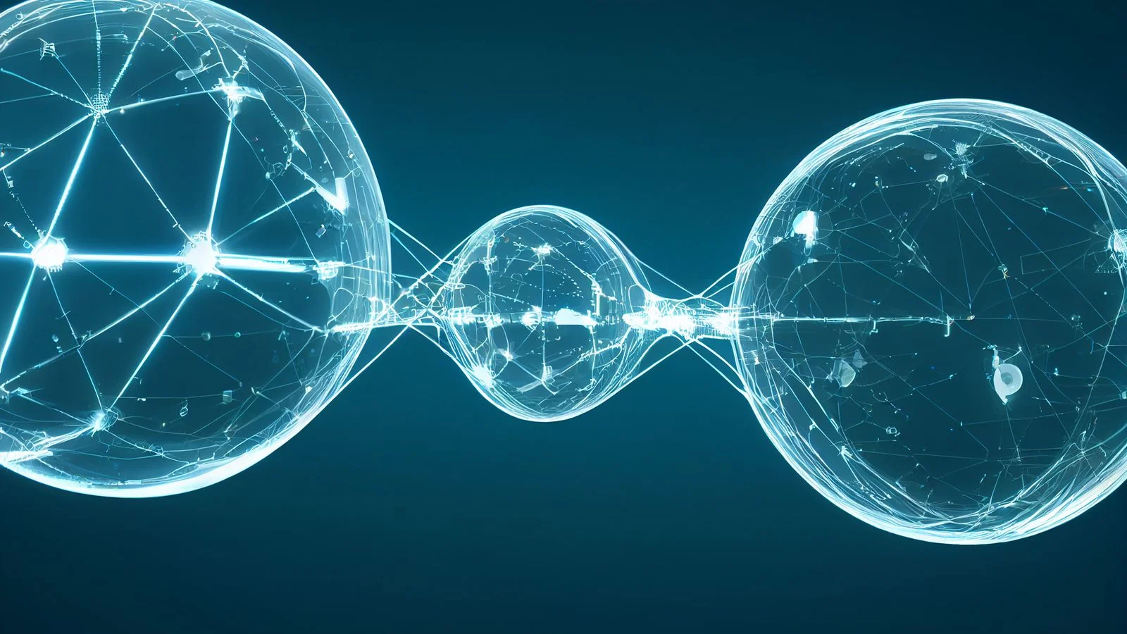 Glowing interconnected spheres representing how an AI engine links sources into one answer