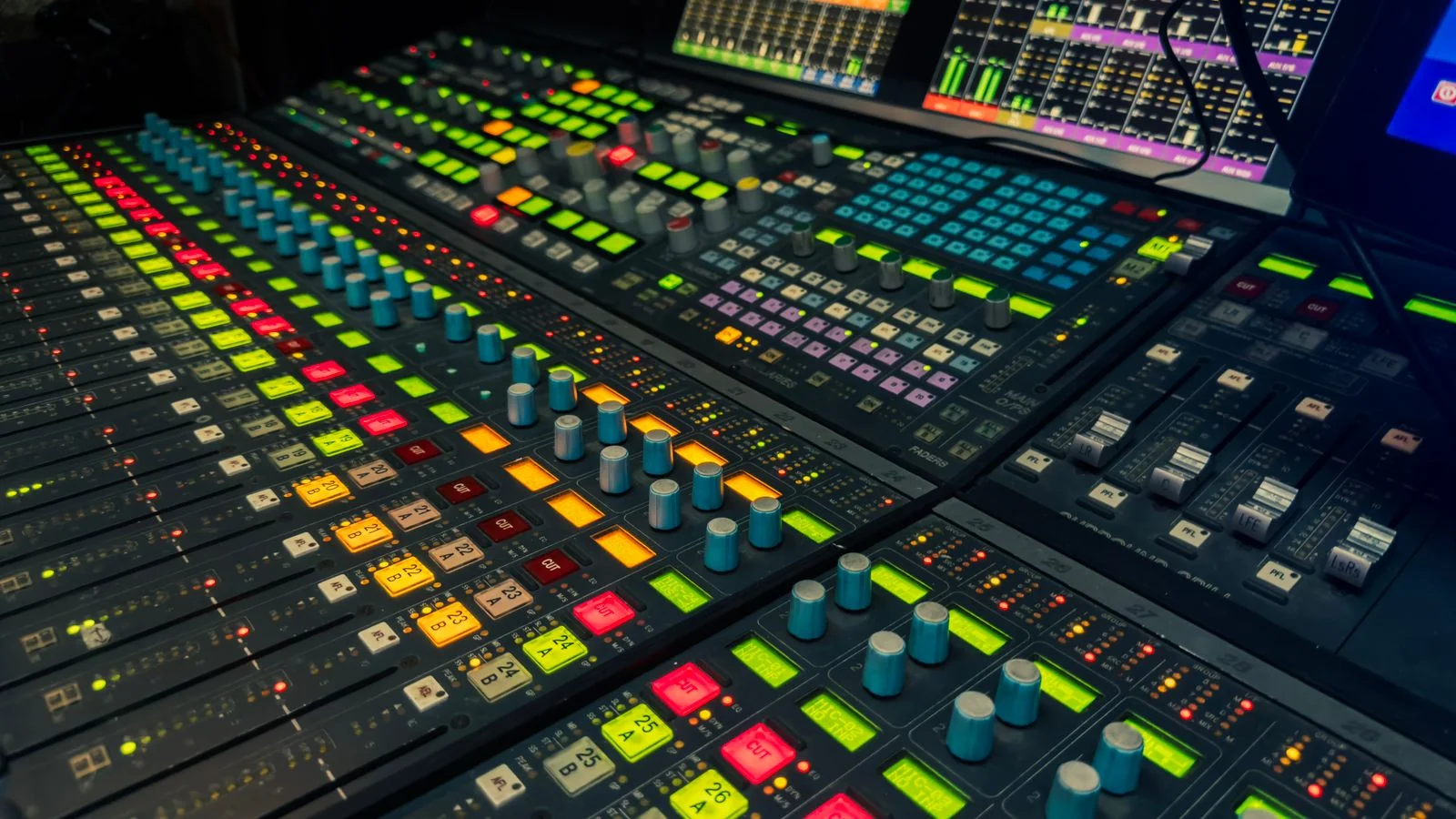 Audio mixing console in a recording studio with faders and controls lit for a session