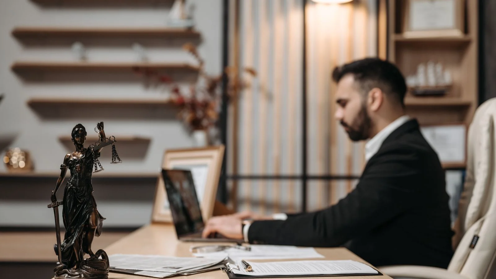 A lawyer working on a laptop in an office with a Lady Justice statue on the desk