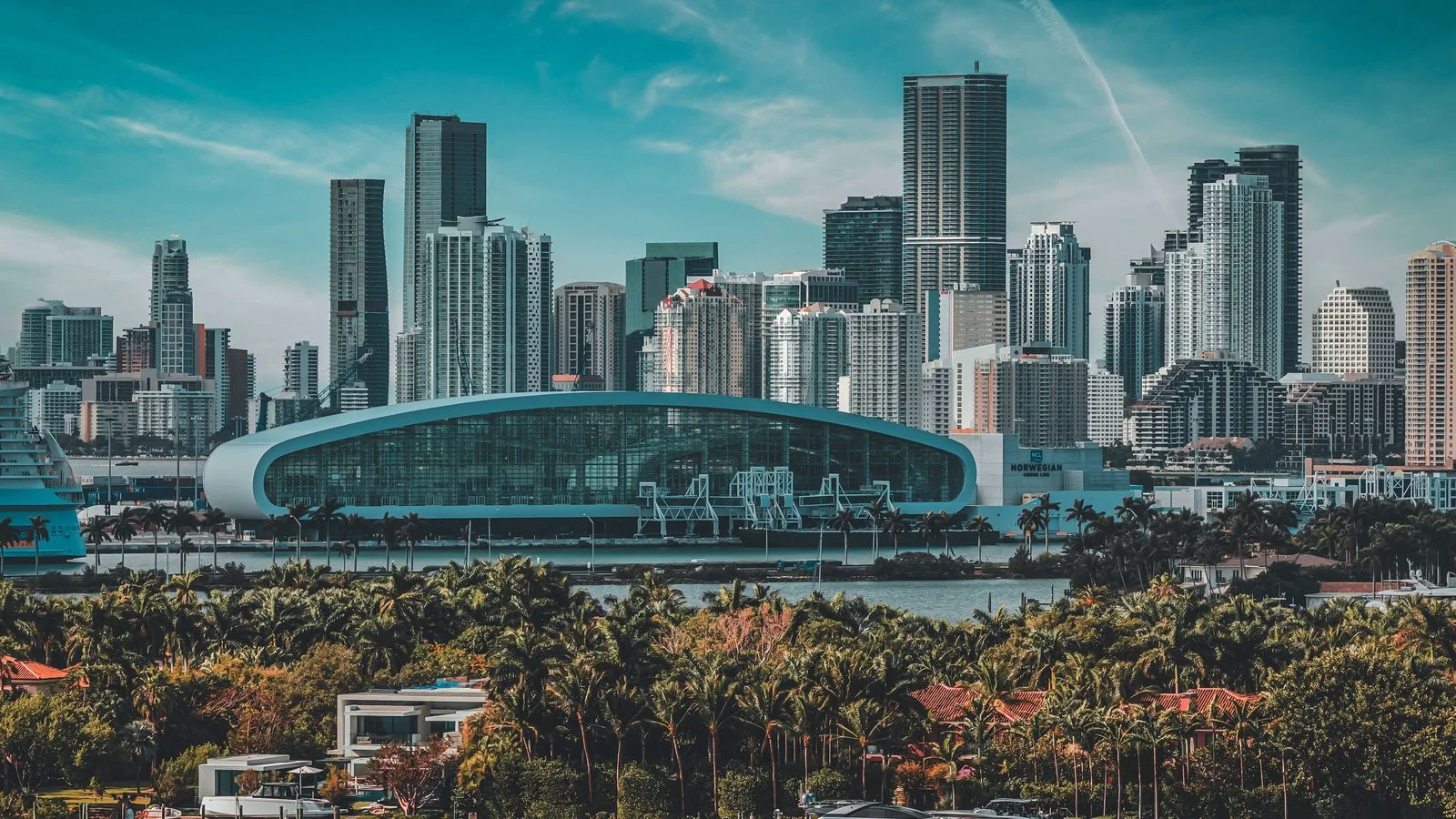 A view of Miami's downtown skyline and waterfront with palm trees under bright skies