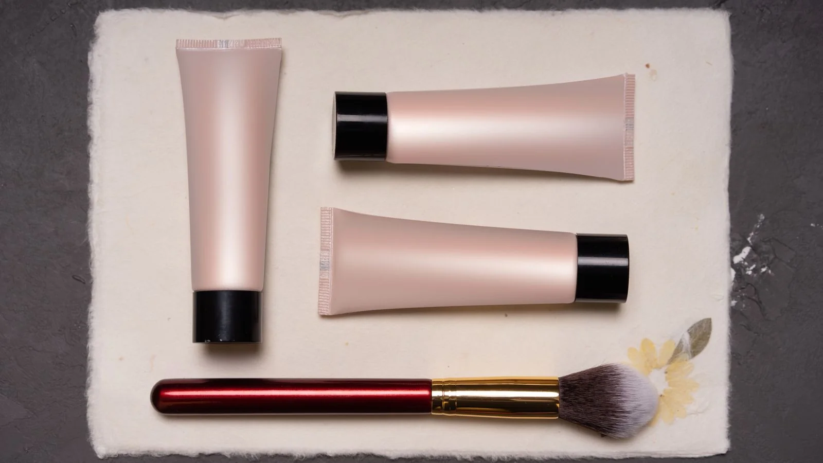 Cosmetic tubes and a makeup brush arranged on a textured background, ready for a beauty roundup