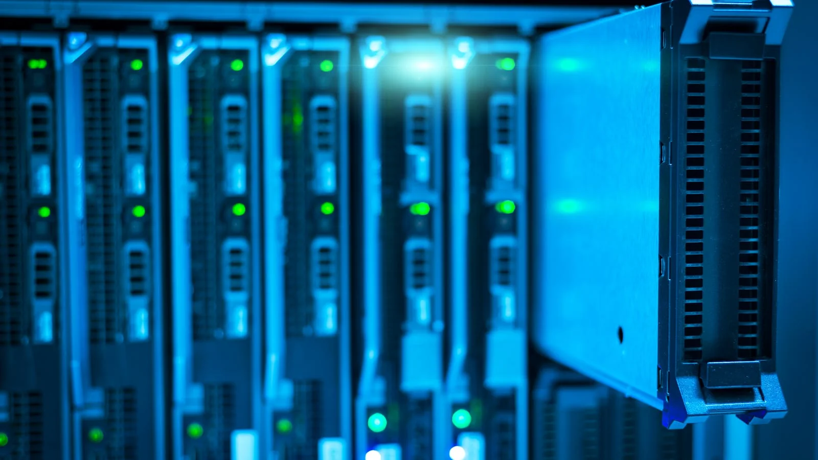 Detailed view of a server rack focused on technology and data storage hardware.