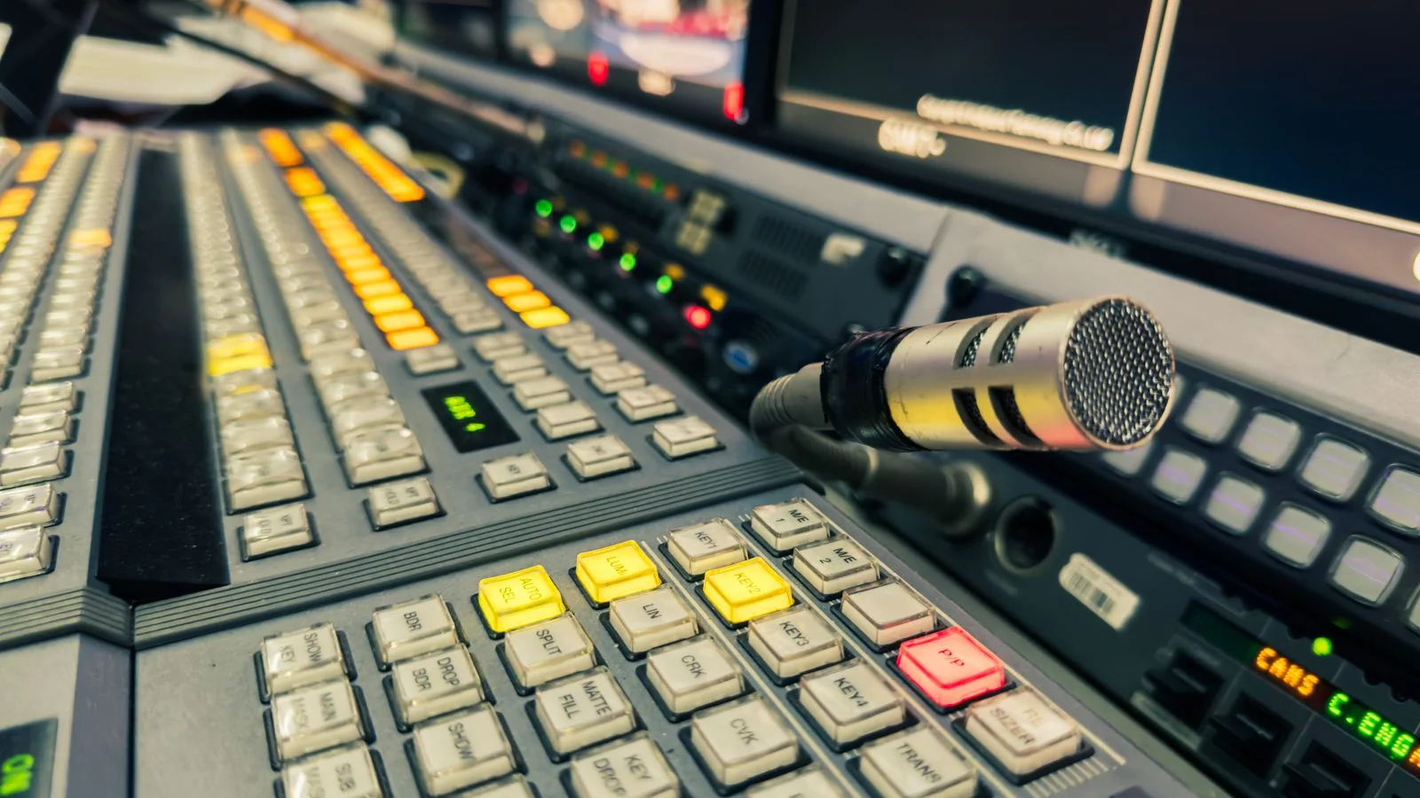 A broadcast control panel with microphone and monitors, where the booking decision gets made under time pressure