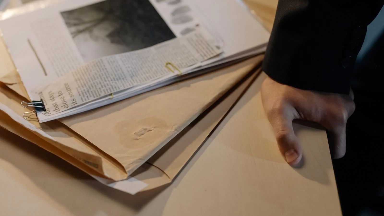 A hand resting near a stack of documents and newspaper clippings on a desk