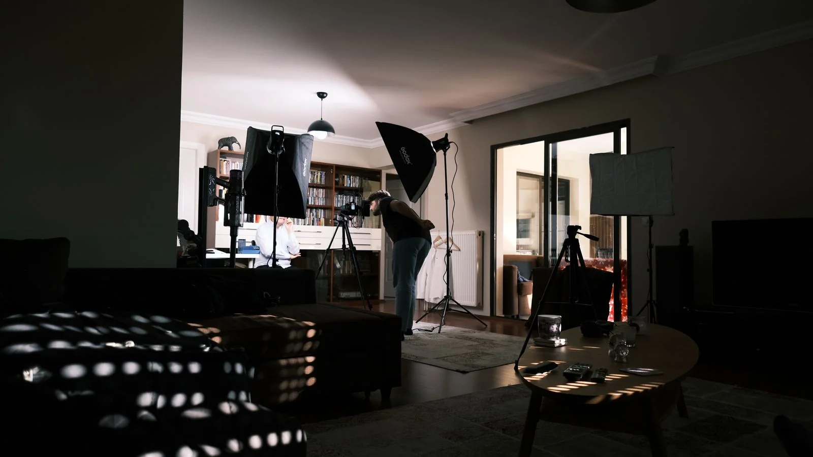 Home studio set up with professional lighting for an interiors photo session.