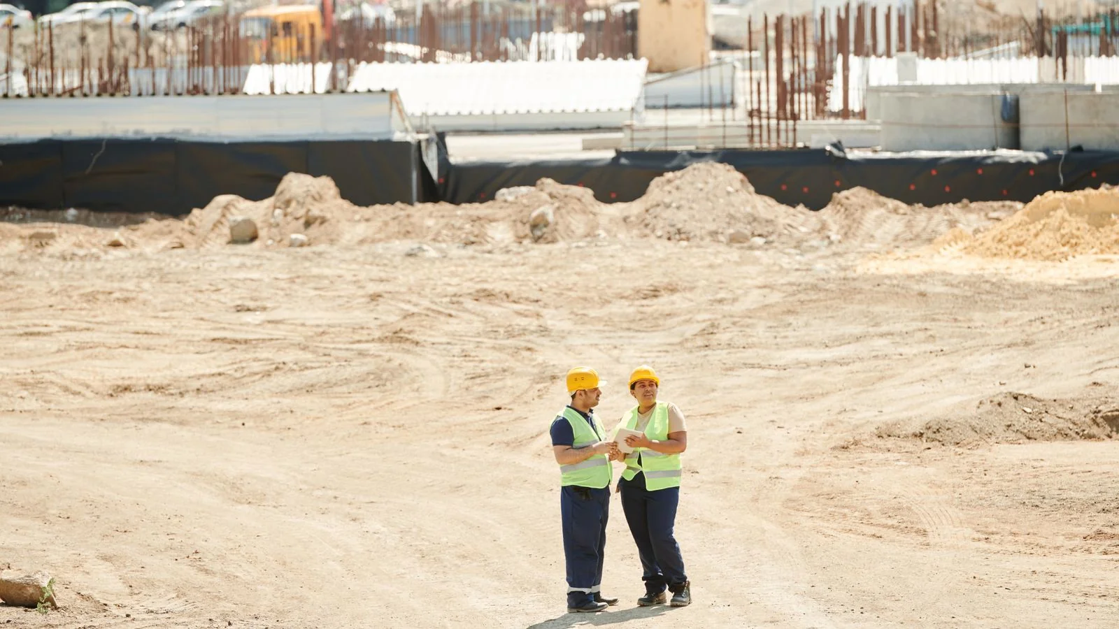 Two workers in safety gear discussing plans on a sandy construction site, where most local land stories begin.