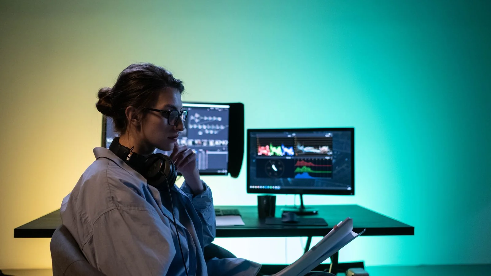 An editor reviewing a story on a computer in a newsroom.
