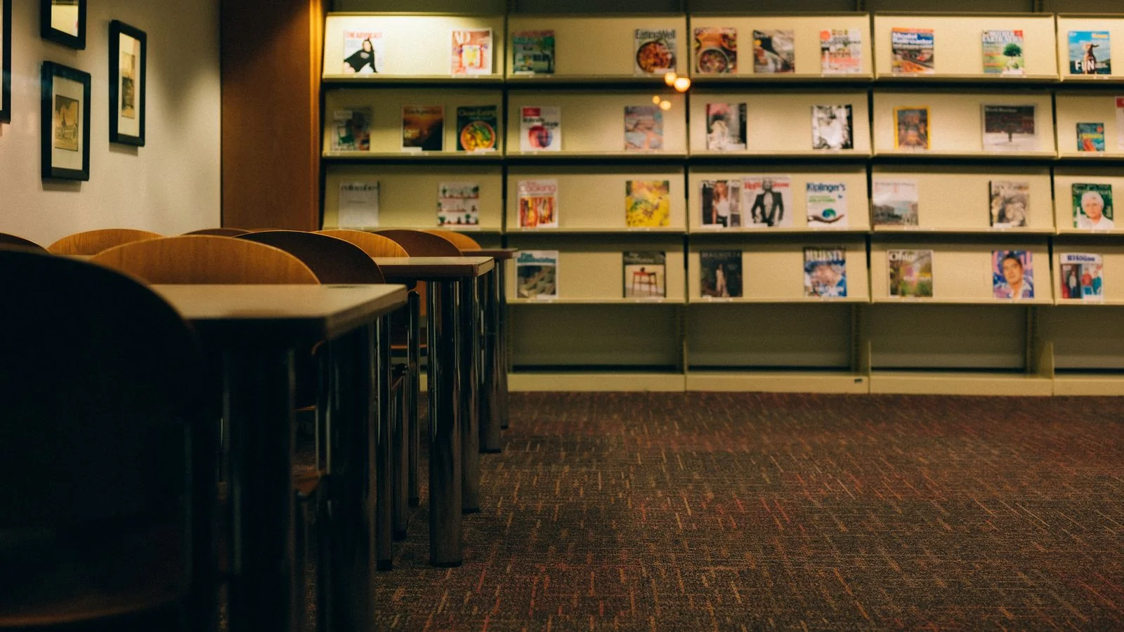 A quiet library with magazines on wooden shelves, the company your piece would keep