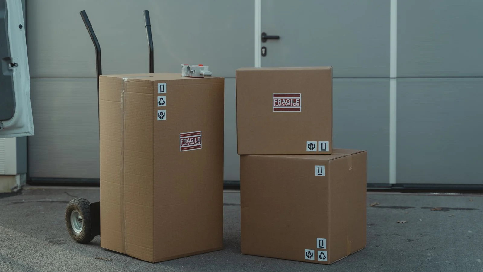 Stacked delivery boxes moving through a shipping warehouse