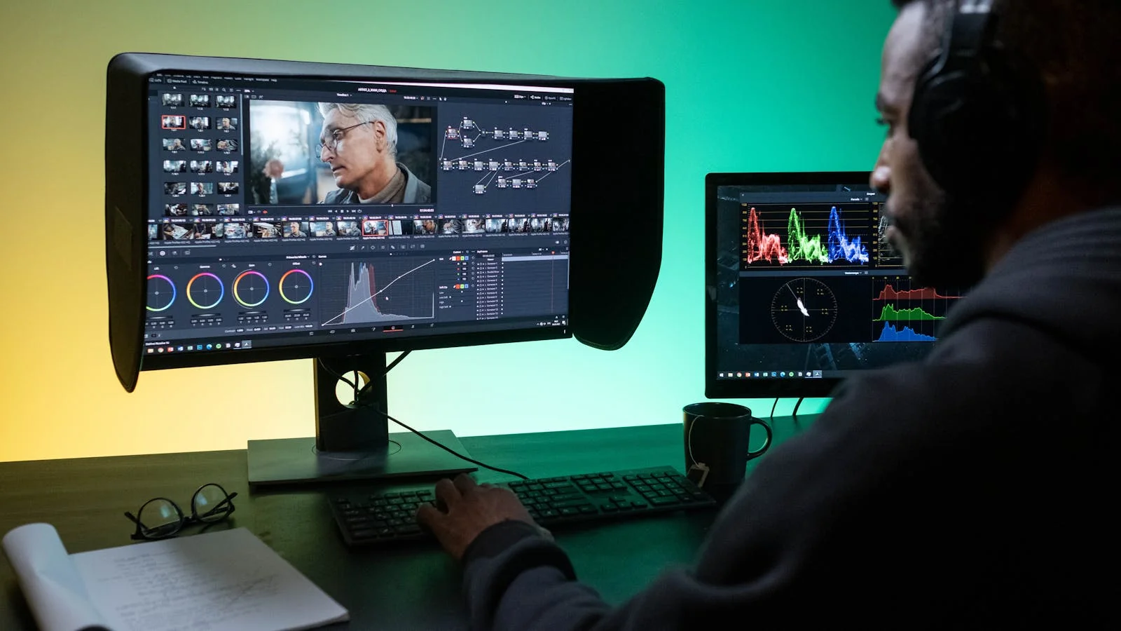 An editor cutting video footage across two monitors, turning written material into a watchable clip.