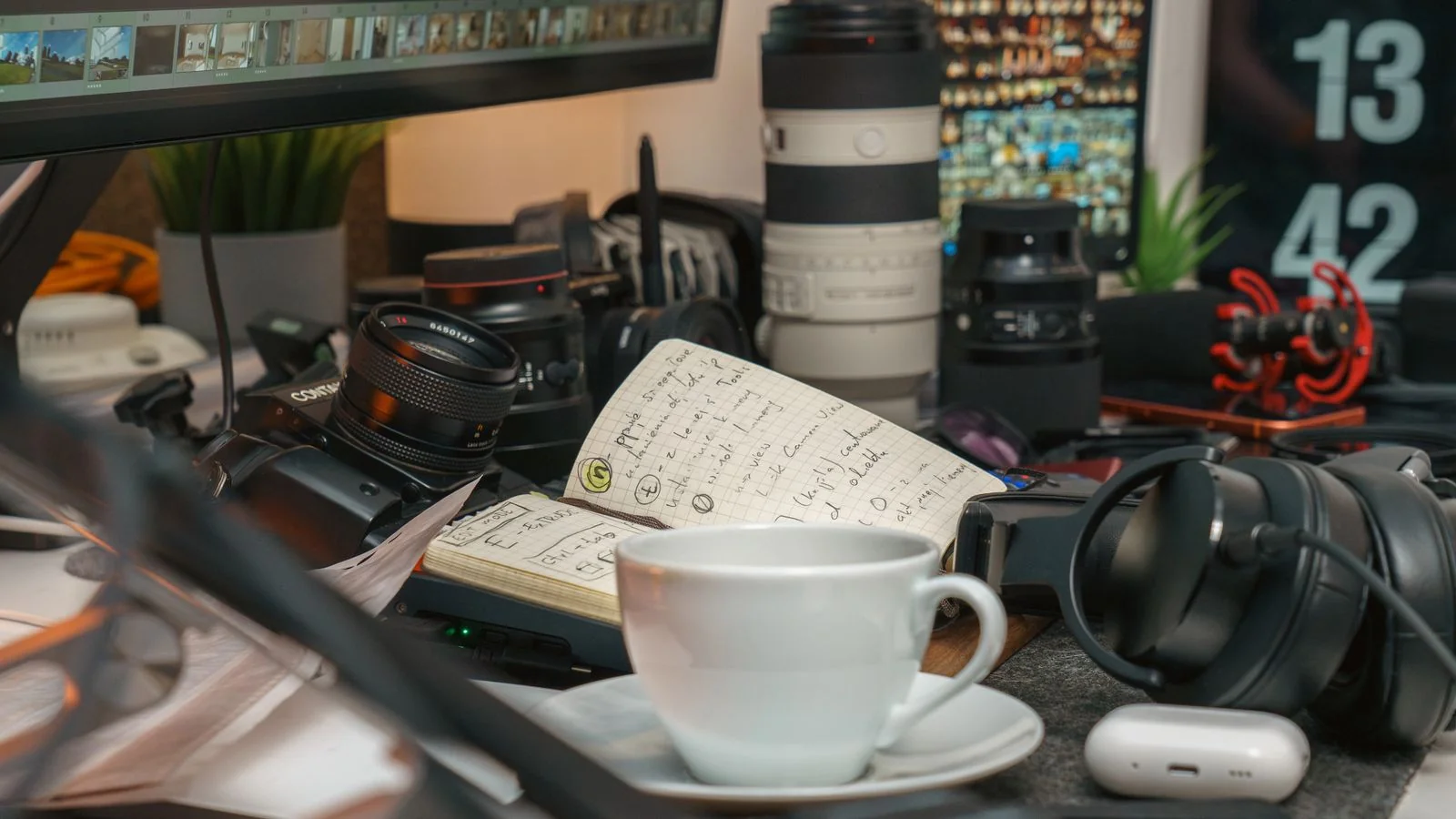 A cluttered desk with photography equipment, a notebook, and a coffee cup