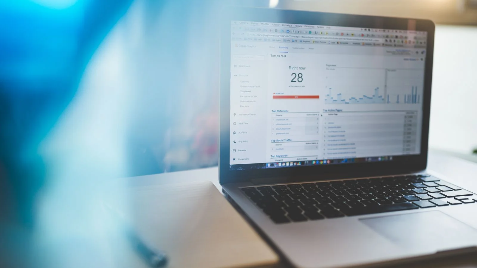 Laptop showing a Google Analytics report in a bright modern workspace
