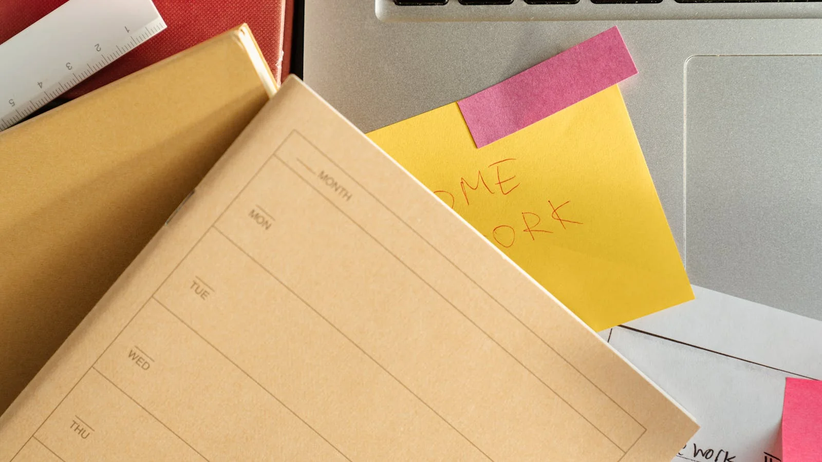 A laptop on a wooden desk with colorful sticky notes attached to the screen edge, marking distribution tasks for the next batch of blog posts.
