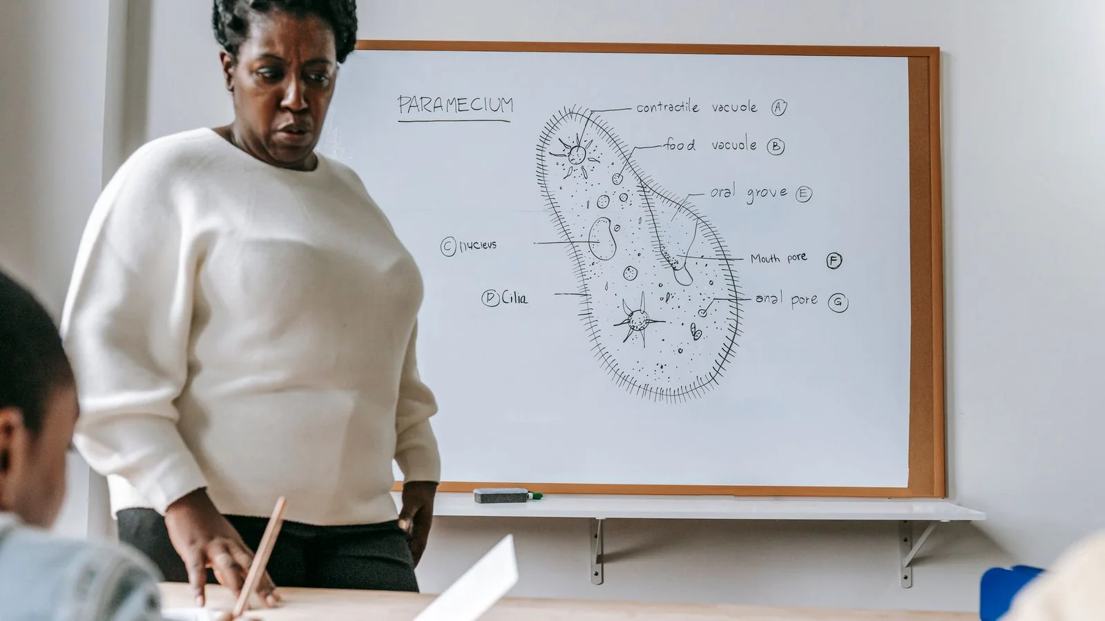 Teacher standing near a desk explaining a lesson to attentive students