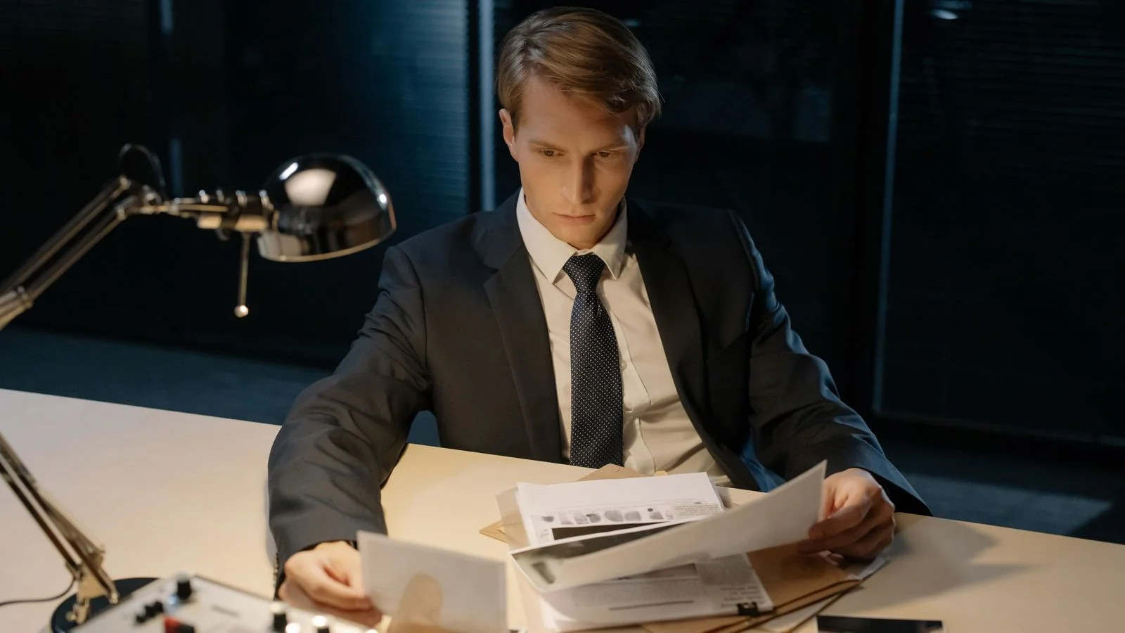 A journalist reading a document at a desk while working.