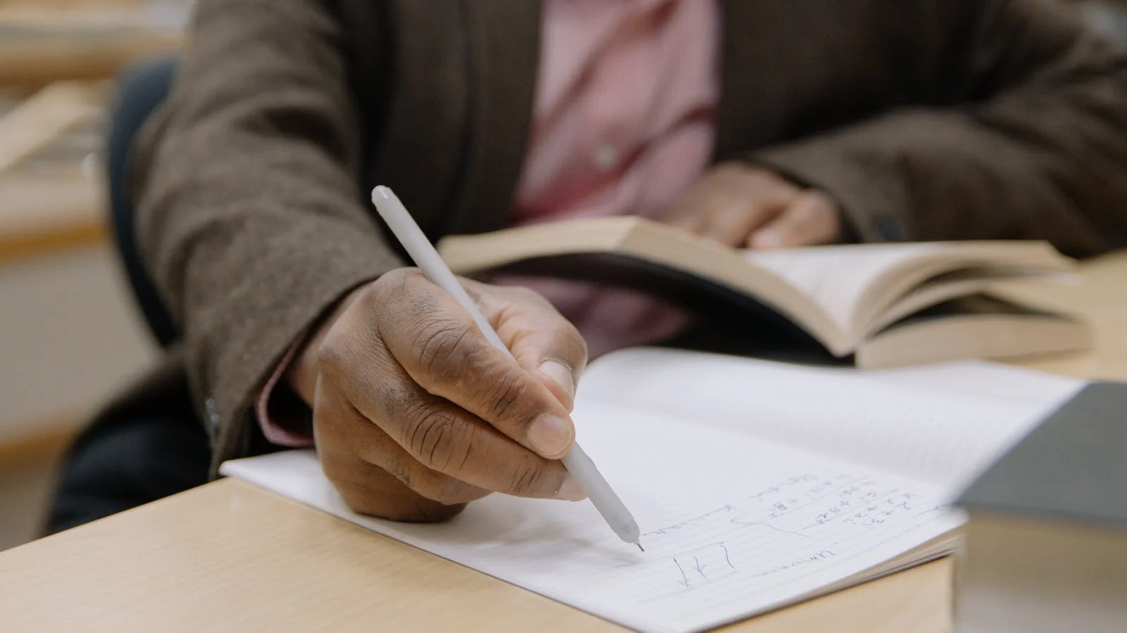Writer's hand drafting notes on paper next to an open book, the work of careful revision