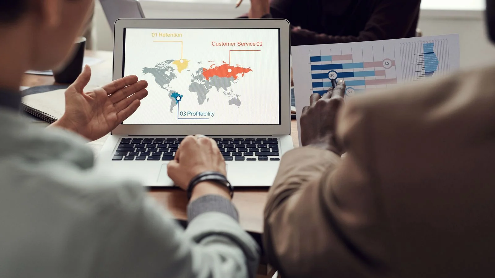 Team gathered around a laptop showing global analytics, the kind of data Moz editors favor